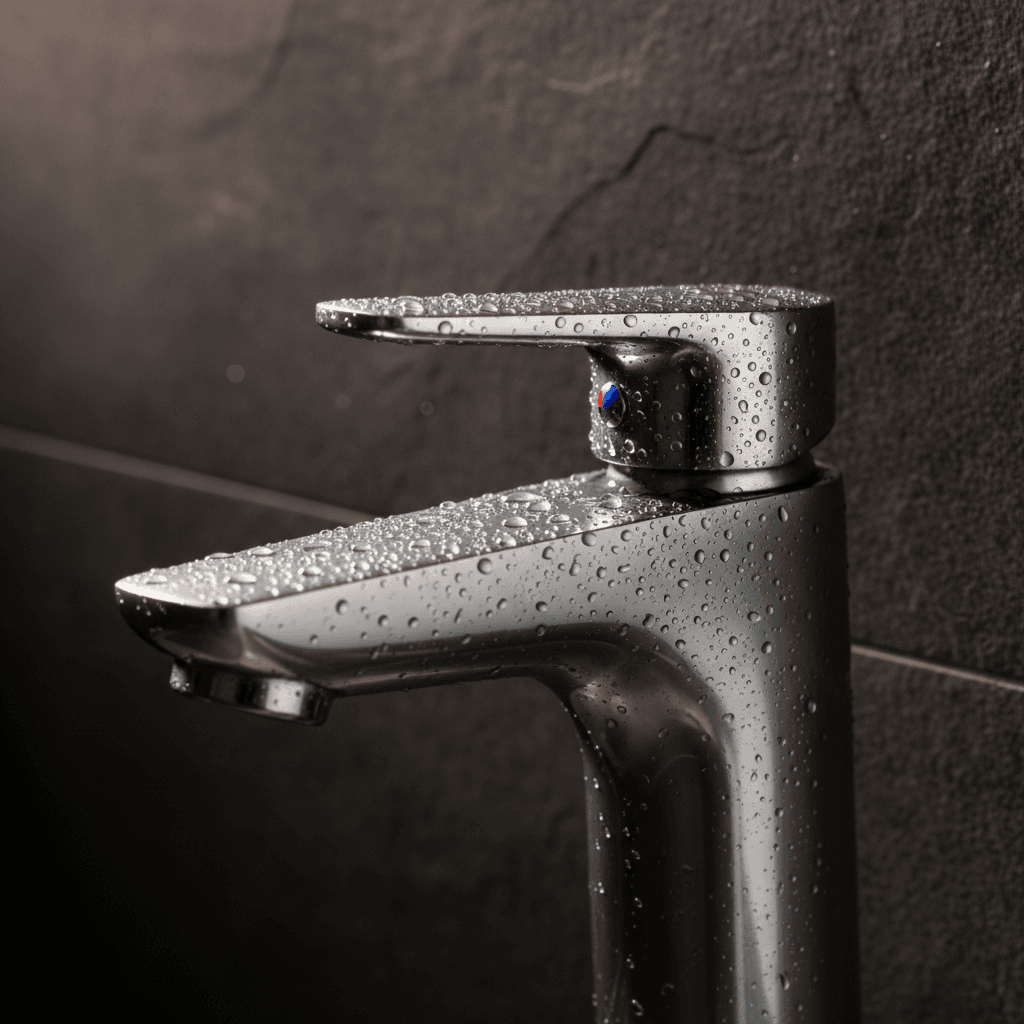 Gros plan d'un robinet chromé avec des gouttes d'eau