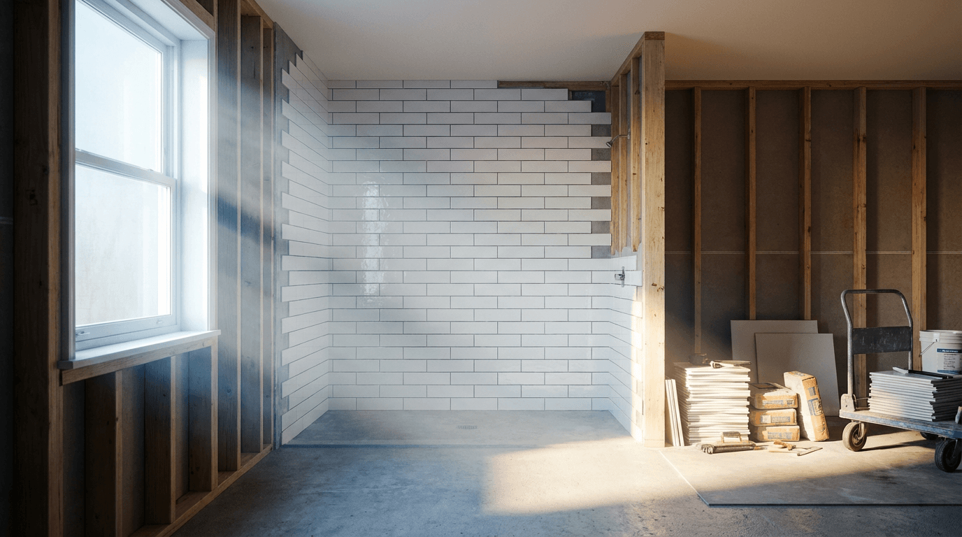 Chantier de salle de bain neuve à Saintes avec plomberie apparente