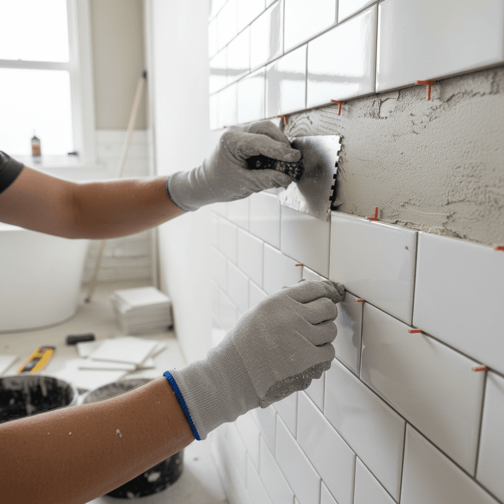 Vue rapprochée des mains posant un carreau au sol d'une salle de bain en chantier, ambiance naturelle et authentique