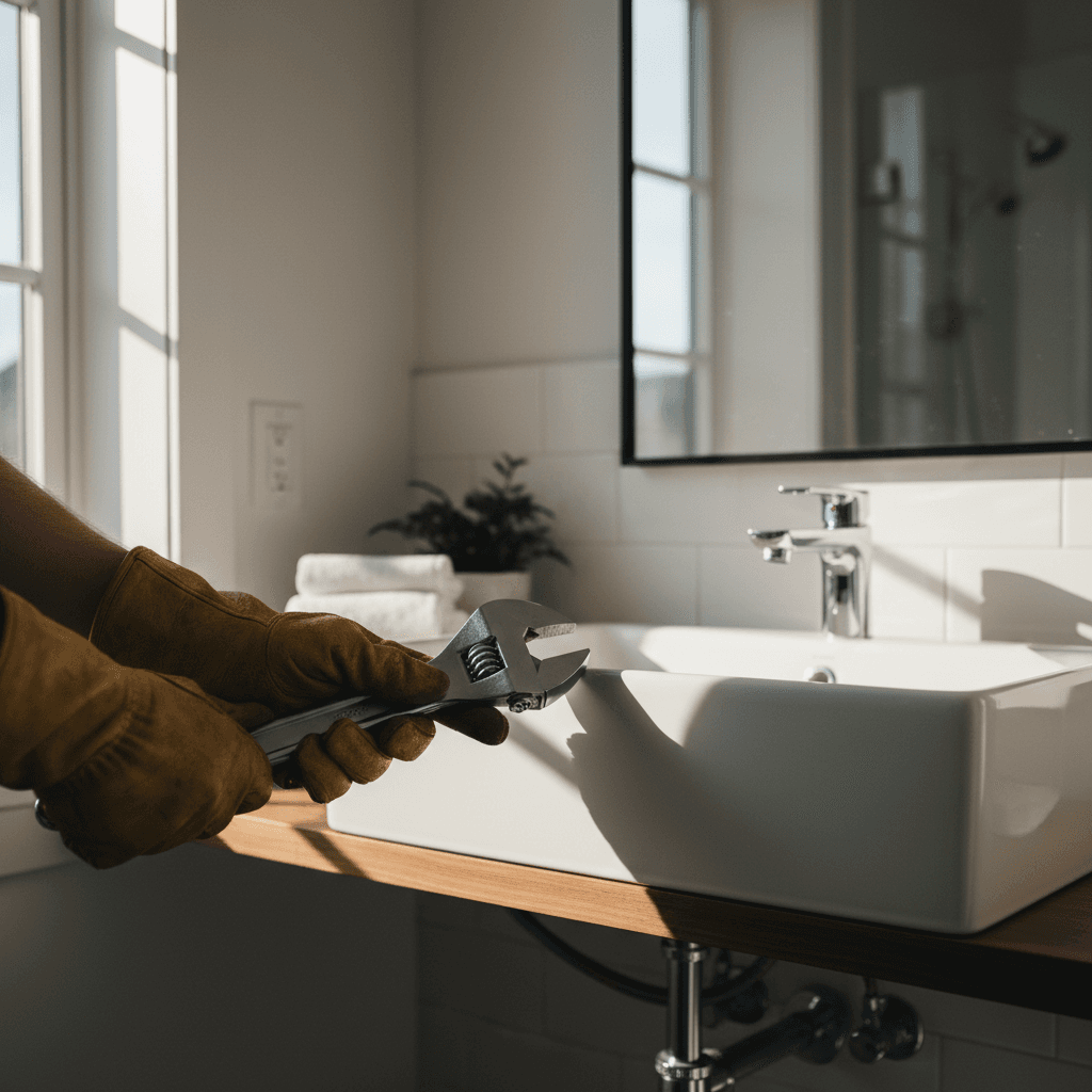 Gros plan sur une robinetterie de salle de bain neuve